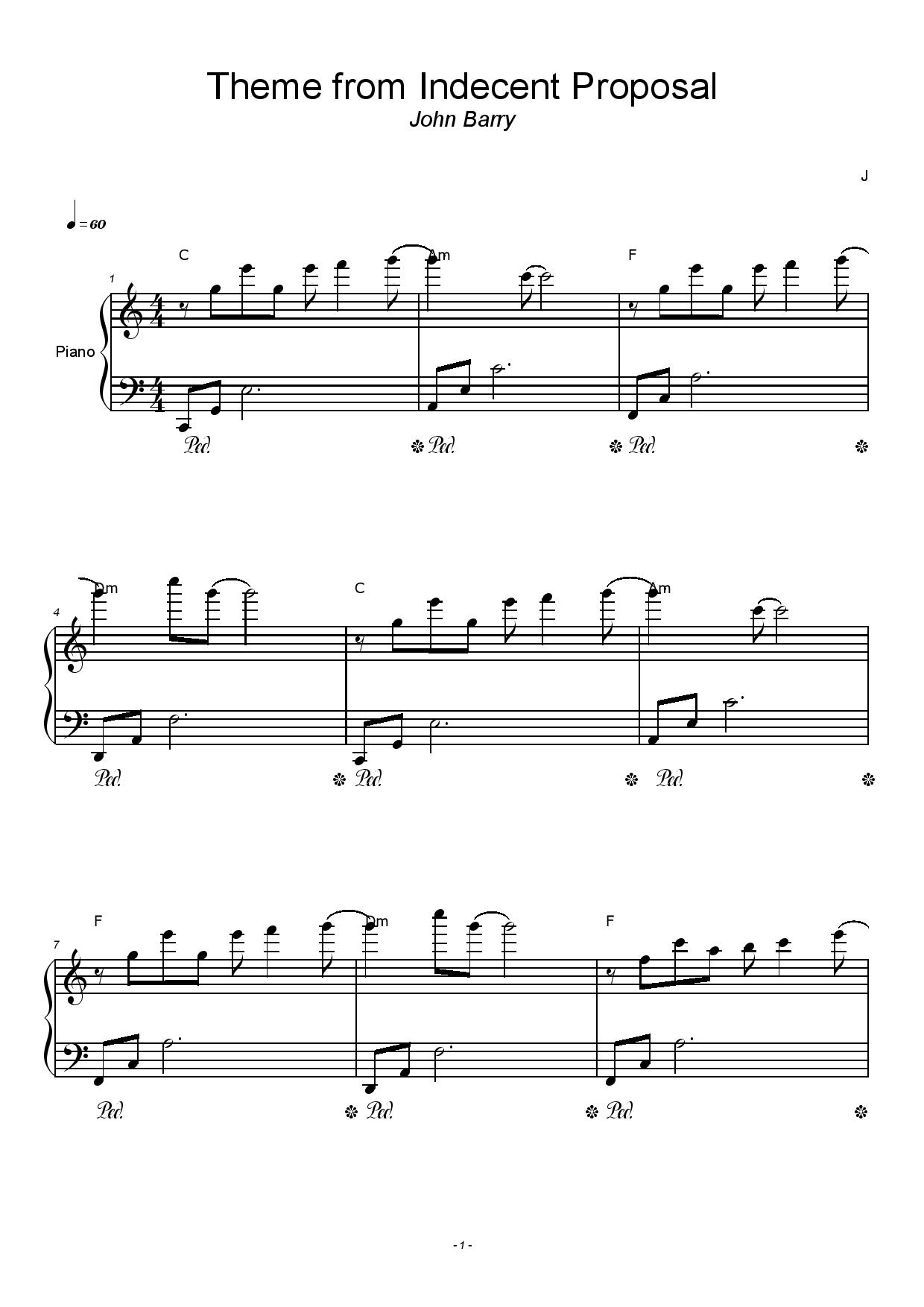 John Barry Instrumental Suite From Indecent Proposal Indecent Proposal (Theme) - John Barry | Pianotiklado